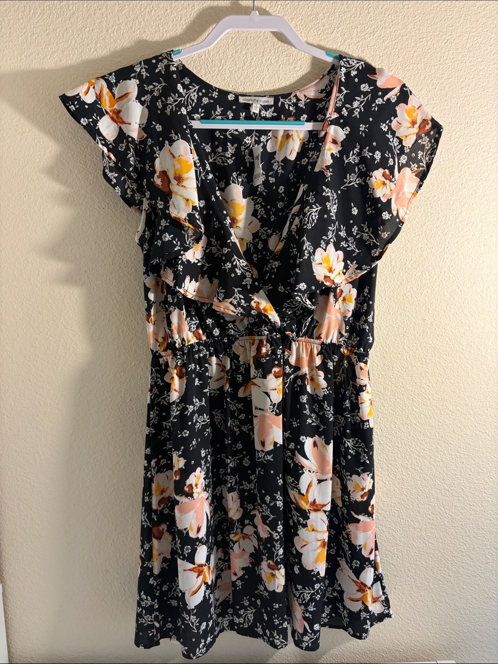 Charlotte Russe Black Floral Ruffle V-Neck Dress